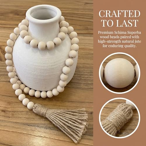 RGB World Farmhouse Beads Long Length Solid Wood Bead Boho Tassel Garland - Rustic Country Solid Beaded Boho Chic Decor for Wall, Above Cabinet & Table