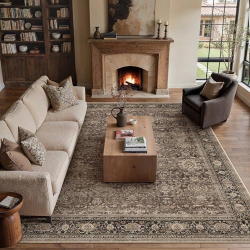 HUGEAR Brown Washable 8x10 Area Rugs for Living Room Bedroom Large Vintage Distressed Neutral Rug Carpet Durable Soft Non Slip & Shedding Stain Resistant Low Pile Indoor Home Decor - color: Retro | Brown, size: 8' x 10' (Rectangular)