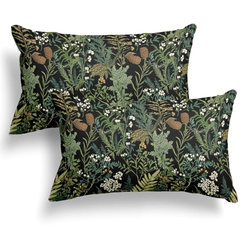 Black Green Botanical lumbar Pillow Covers 12x20 Inch Dark Green Flower Vintage Plant Throw Pillows for Farmhouse Cushion Covers Spring Summer Leaf Floral Pillow Cases for Bed Outdoor Decor Set 2 - color: S-black Green Leaf, size: 20" x 12" (Pack of 2)