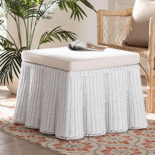 Bali & pari Palm Bohemian White Scallop Rattan Ottoman - color: White