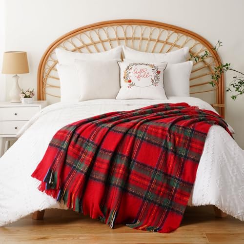 Battilo Christmas Plaid Throw Blanket for Couch Bed, Mohair Red Tartan Plaid Blankets, Soft Cashmere Checkered Pattern, Red Christmas Throw Blankets for Home Decor (50"x60") - color: Christmas Red