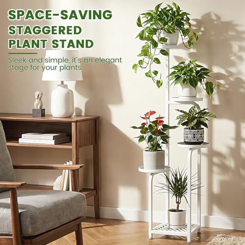 TOSKING 5 Tier Tall Plant Stand Indoor Outdoor,Anti-Tip Plant Stand indoor, Wide Base for Pots, Child and Pet Friendly,Heavy Duty Corner Shelf for Plants & Decor, Space Saving ,Tiered Metal Flower Pot Stand for Balcony, Garden, Living Room, Patio (White,