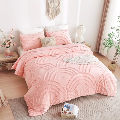 ENJOHOS Pink Queen Size Comforter Bedding Set for College Teen Girls - 3 Pc Tufted Bed Set with Rainbow Design, Lightweight Fluffy Microfiber Comforter with 2 Pillowcase - color: Pink Comforter, size: Queen