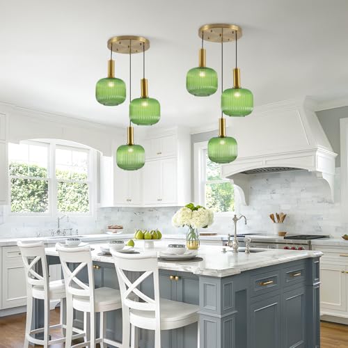 BOKT Green 3-Light Cluster Pendant Lights Mid Century Modern Ceiling Hanging Lighting 7.9" Farmhouse Gold Pendant Lights Kitchen Island with Ribbed Hand Blown Glass for Living Room Dining Room - color: Green 3-Light