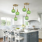 BOKT Green 3-Light Cluster Pendant Lights Mid Century Modern Ceiling Hanging Lighting 7.9" Farmhouse Gold Pendant Lights Kitchen Island with Ribbed Hand Blown Glass for Living Room Dining Room - color: Green 3-Light