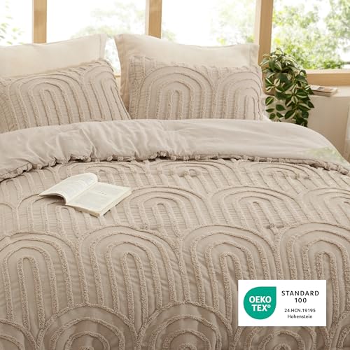 Bedsure Boho Tufted Khaki Comforter Set Queen Size, GentleSoft™ 3 Pieces Boho Farmhouse-Style Decor Bedding, Arch Bedding for All Seasons, 1 Bed Comforter, 2 Pillow Shams, 90x90 Inches - color: 02 - Arch Jacquard Khaki, size: Queen (90" x 90")