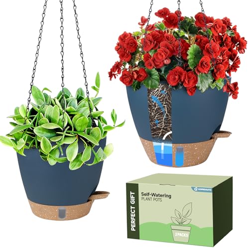 Self-Watering Hanging Planters with Water Level Window, 8/10 Inch Indoor Outdoor Hanging Plant Pots Includes Chain Hangers with Drainage Holes & Detachable Reservoir (Blue, 8+10 inch) - color: Blue