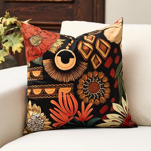 Tyrot Black Boho Floral Fall Velvet Throw Pillow Covers 18x18 Set of 2 Farmhouse Cushion Covers Mid Century Modern Botanical Home Decor Accent Pillow Cases for Couch Bed Sofa Living Room, Bedroom - color: Tropical Ember, size: 18" x 18" (Pack of 2)