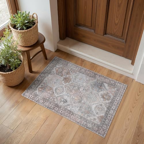 Bavni 2x3 Entryway Rug Bathroom Rugs for Front Door Bedroom Bathroom Kitchen, Washable Vintage Print Carpet, Ultra-Thin Chenille Lightweight Rug with Non Slip Backing, Retro Grey - color: Retro Grey, size: 2' x 3' (Rectangular)