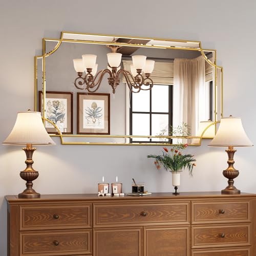 Kelly Miller 28"x50" Large Gold Mirror for Wall, Modern Elegant Decorative Mirror Rectangular Vanity Mirror Beveled for Bathroom Living Room Bedroom Farmhouse Fireplace Entryway Hallway - size: 50"L x 28"W