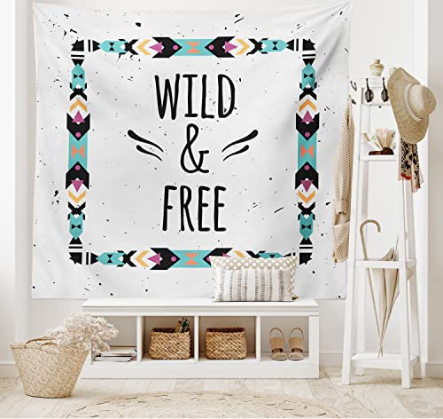 Ambesonne Tribal Tapestry, Abstract Geometrical Frame Wild and Free Words Boho Style Art Print, Wide Wall Hanging for Bedroom Living Room Dorm, 60" X 40", Turquoise Coconut - color: Turquoise Coconut, size: 60"L x 40"W