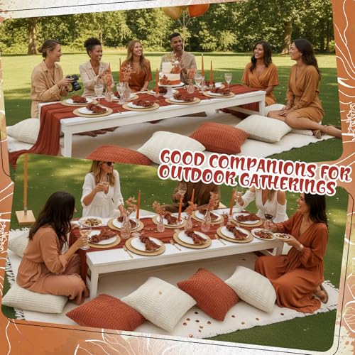 Beeveer 91 x 71 Extra Large Outdoor Boho Picnic Blanket with Terracotta Table Runner, 6 Throw Pillow Covers 6 Napkins Woven Cotton Yarn Oversize Beach Blanket Washable Picnic Camp Wedding - color: Terracotta