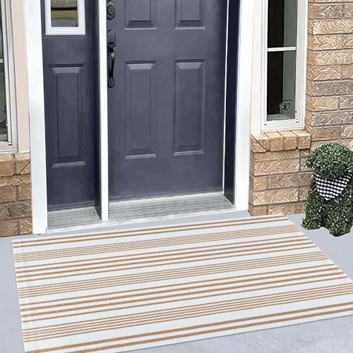 Khaki and White Striped Outdoor Rug 24'' x 51'' Front Porch Rug Hand-Woven Machine Washable Indoor/Layered Door Mats for Entryway/Bedroom - color: Khaki White, size: 2' x 4'3" (Rectangular)
