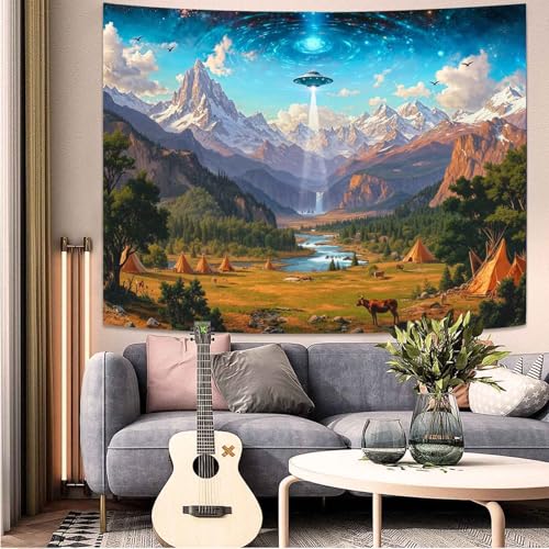 Wegklazax UFO Alien Tapestry, Cosmic Fantasy Mountain Wall Art for Room Decor, Sci-Fi Nature Home Decor 60" L x 44" W - color: Blue Green, size: 60"L x 44"W