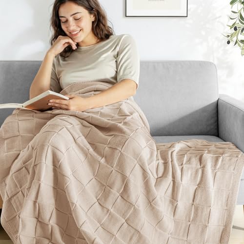 Whale Flotilla Checkered Knit Throw Blanket for Couch, Soft Decorative Knitted Blankets for Sofa Bed, Lightweight Cozy Throws for Spring Summer, 50x60 Inch, Camel - color: Camel, size: 50x60 Inch