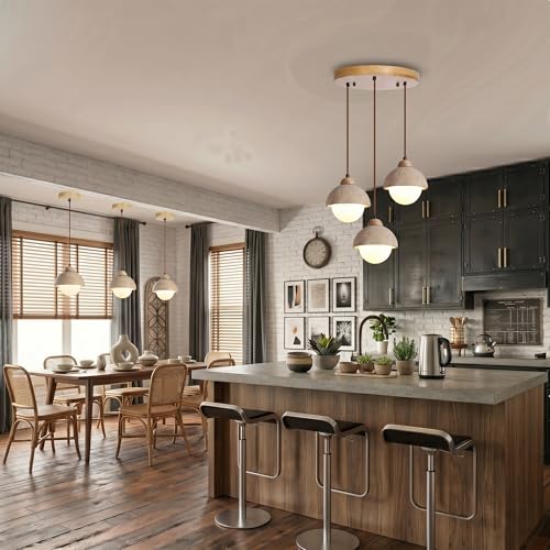 Wabi Sabi Pendant Light, Japandi Light Fixture Dome Chandelier, Modern Farmhouse Travertine Ceiling Hanging Lamp - Yellow Stone & Natural Wood (Log Color 3-Light,5.9IN-A) - color: Log Color 3-Light, size: 5.9IN-A