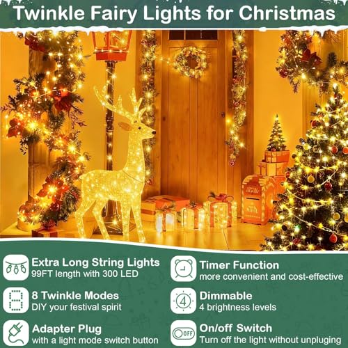 Super Long LED String Lights 99ft 300 LEDs Fairy String Lights with Switch/Timer, Indoor/Outdoor Copper String Lights with Remote, for Birthday Wedding Christmas, Plug in/8 Modes Warm White - size: 99 Feet