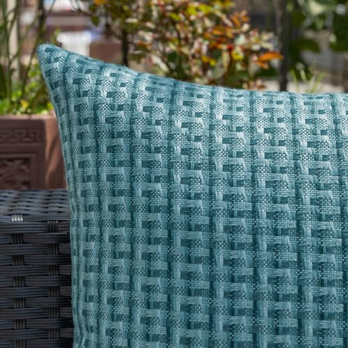 Kevin Textile Outdoor Waterproof Throw Pillow Covers Pack of 2 Weaving Texture Water Resistant Outside Decorative Cushion Covers for Garden Patio Tent Balcony Bench Couch Sofa 16x16 Inch, Teal - color: Teal, size: 16" x 16" (Pack of 2)