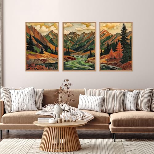 HPINUB Abstract Boho Mountain Framed Canvas Wall Art Set,Vibrant Forest Pine Tree Wall Decor,Textured Landscape Artwork Rustic Linear Scenery Art Print for Living Room,Bedroom,Office-24 x36 x3 - color: Abstract Mountains Wall Art, size: 24"L x 36"W