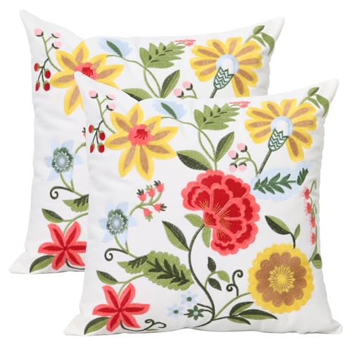 Pack of 2 Embroidered Decorative Throw Pillow Cover 18x18 Inch Farmhouse Floral Pillowcase for Living Room Sofa Bed (Boho Flower) - color: Boho Flower