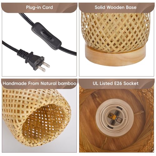 Bamboo Table Lamp，Boho Rattan Bedside Lamp for Bedroom, Vintage Wicker Wooden Nightstand Lamp Shade Rustic Farmhouse Indirect Lighting Accent Light Decor for Living Room