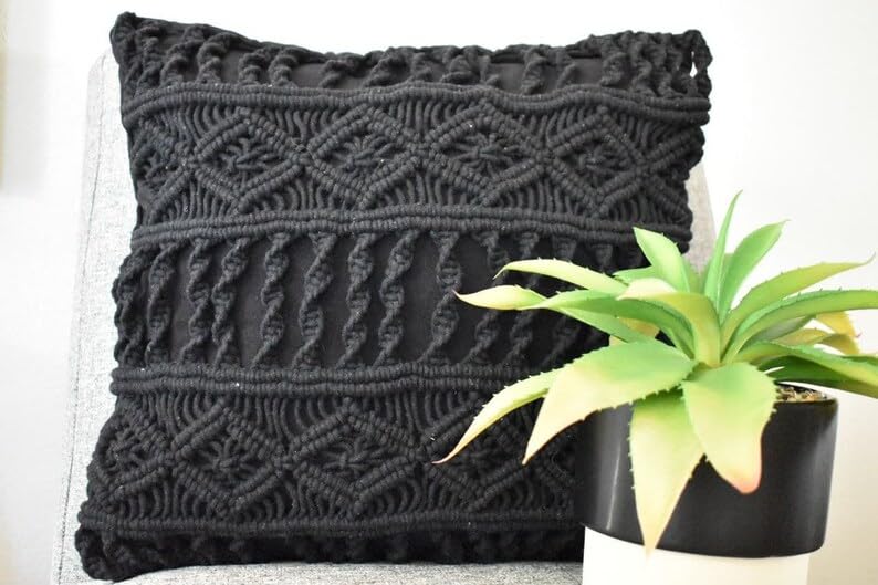Black Macrame Throw Pillow Cover, Boho Handwoven Knitted Decorative Square Cushion Case for Sofa Couch Bedroom Home Decor, 18x18 Inch, Pillow Insert Not Included