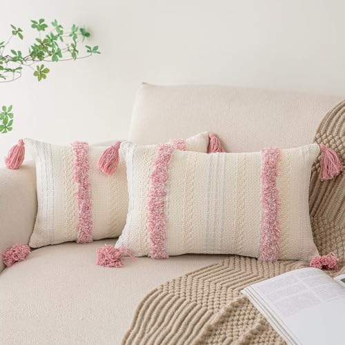 Boho Throw Pillow Covers 12x20 Set of 2 Woven Tufted Farmhouse Pillows Cover with Tassels Textured Striped Cushion Case Lumbar Pillow Cases Decorative Pillowcase for Sofa, Couch, Bed, Pink - color: Pink, size: 20" x 12" (Pack of 2)