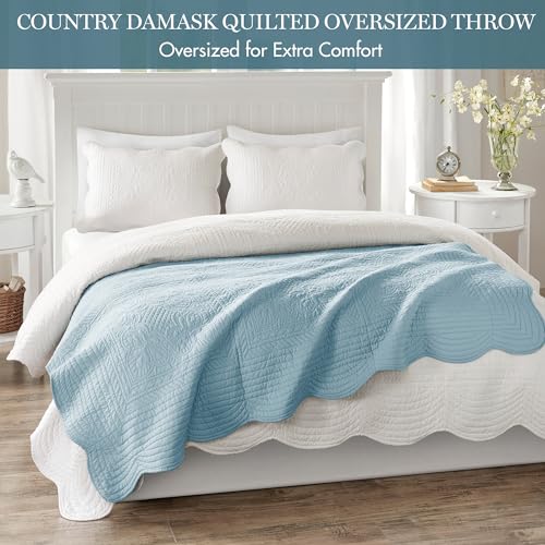 Madison Park Luxe Quilted Throw Blanket - Damask Stitching Design, Cotton Filled Spread, Ultra Soft, Cozy Bedding for Living Room Couch, Sofa, Bed, 60x72, Scalloped-Border Blue - color: Scalloped Edges Blue, size: 60"x72"