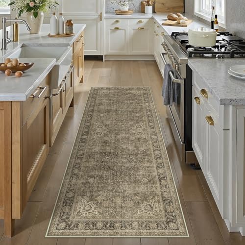 2x6 Washable Runner Rug Brown Vintage Non Slip Soft Low Pile Hallway Kitchen Rug Distressed Oriental Carpet for Laundry Bathroom Bedroom Living Room Home Decor - color: Brown/Black, size: 2' x 6' (Runner)