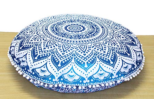 CRAFT KALA 32" Large Round Bohemian Floor Pillow Cover Boho Pouf Cover Mandala Meditation Room Pillows Cover Adults Seating Poufs Cushion Cover for Kids Reading Playroom Blue Ombre - color: Blue Ombre