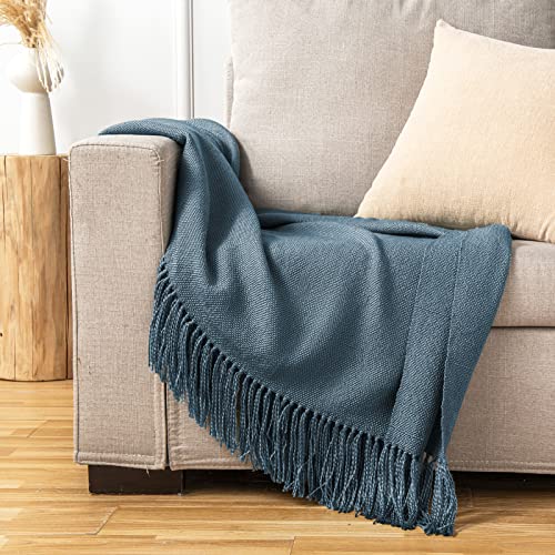 CozeCube Blue Throw Blanket for Couch, Boho Throw Blanket with Fringe Tassel, Lightweight Fall Throw for Bed, Living Room Outdoor, Gift, Dusty Blue, 60"x80"