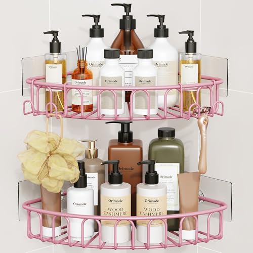 Orimade Corner Shower Caddy with 2 Hooks Wall Mounted Metal Bathroom Shelf Storage Organizer Adhesive No Drilling 2 Pack, Pink Only for 90-Degree Corner - color: Pink