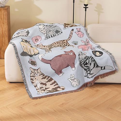 Cat Throw Blanket Boho for ChairSofa - 50"x60" Cotton Blankets Retro Bohemian Tapestry Reversible Hippie Sheets Room Decor (Cats) - color: Cats