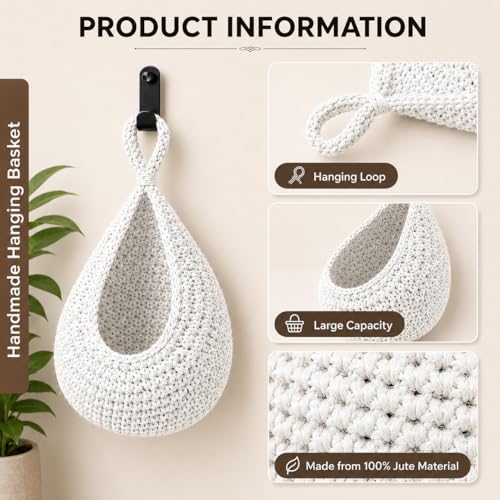 Boho Decor Hanging Fruit Baskets for Kitchen, 3 Pack Handwoven Teardrop Wall Hanging Baskets with Hooks, Storage for Fruits, Onions, Vegetables & Potatoes, 3 Sizes for Home, White - color: White