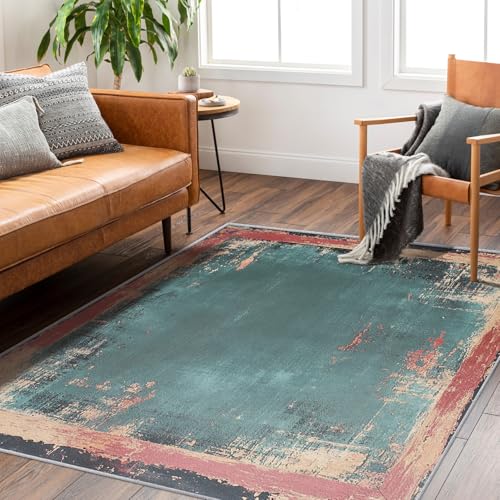 Area Rug 4x6, Vintage Distressed Rug, Worn Antique Carpet, Washable Abstract Faded Rugs for Living Room, Bedroom, Dining Room, Office, Non-Slip, Pet-Friendly, 4 x 6 ft - color: Teal and Rust, size: 4 x 6 ft
