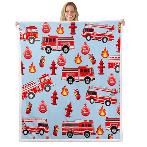 Feelyou Kids Car Sherpa Blanket Fire Engine Fleece Throw Blanket Red Fire Truck Vehicle Pattern Fuzzy Blanket for Bed Sofa Couch Bedroom Decor Plush Blanket Throw 50"x60" - color: Multi 917, size: Throw