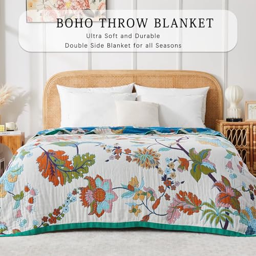 Boho Blanket Soft Muslin BohoThrow Blanket, 100% Cotton Floral Printed Farmhouse Decor All Season Reversible Rustic Throw for Sofa Couch Chair (90"x98") - color: Green, size: 90"x98"