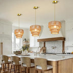 11.8" Gold Rattan Chandelier Boho Woven Pendant Light Fixture Rustic 3-Tier Wicker Hand-Woven Rattan Chandelier for Dining Room Kitchen Island Living Room Bedroom Foyer Entryway - color: 11.8″