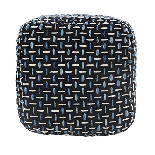 LR Home Hand-Woven Black/White/Blue Geometric Cotton Square Ottoman Pouf for Home Decor | Indoor Foot Rest for Bedroom & Living Room | 16 x 16 x 16 Stuffed Ottoman for Seating - color: Black/Blue/White, size: 16"D x 16"W x 16"H