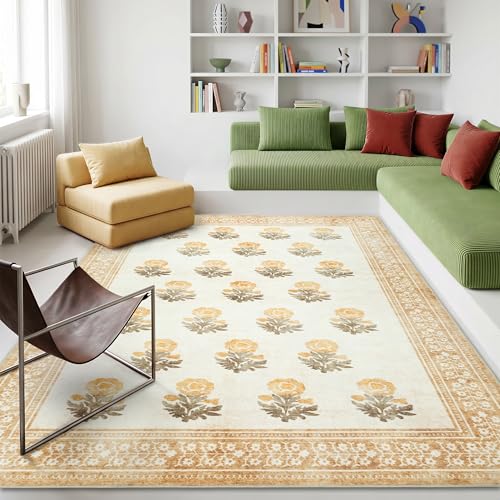 Beige Brown Floral Living Room Rug 5x7 Area Rug - Vintage Washable Rug for Dining Room, Bedroom, Ultra Soft Low Pile Non Slip Stain Resistance Distressed Boho Farmhouse Flower Carpet - color: Beige/Brown/Yellow, size: 5' x 7' (Rectangular)