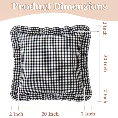 KKJIAF Ruffle Gingham Pillow Covers 20 x 20 Inches, Cotton Plaid Throw Pillow Shams Set of 2, Linen Feel Ruffled Plaid Pillow Cases with Envelope Closure for Sofa Bed (Black Plaid) - color: Black Plaid, size: 20" x 20" (Pack of 2)
