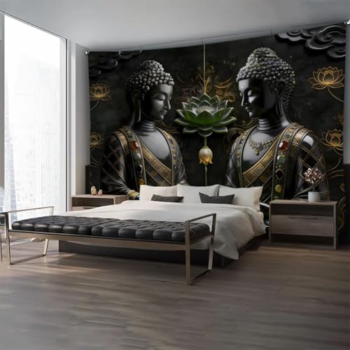 FENDROM Black Vintage Sitting Buddha Tapestry Wall Hanging Buddhist Statue Tapestries Green Lotus Meditation Wall Decor Psychedelic Indian Zen Art for Bedroom Living Room Home Decor - color: Black2, size: 79"L x 59"W