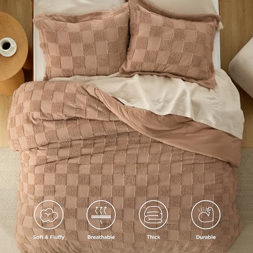 Bedsure Taupe Queen Size Comforter Set, Boho Tufted Bed Set, Checkered Farmhouse-Style Distressed Vintage Bedding, 3 Pieces, 1 Plaid Geometric Comforter and 2 Pillow Shams - color: 01 - Taupe - Tufted Checkboard, size: Queen