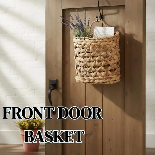 Set of 2 Wicker Wall Hanging Basket, Natural Water Hyacinth Hanging Wicker Decorative Basket, Handmade Woven Storage Organizer for Front Door Mail Flowers Garden House Wedding Wall Decorations