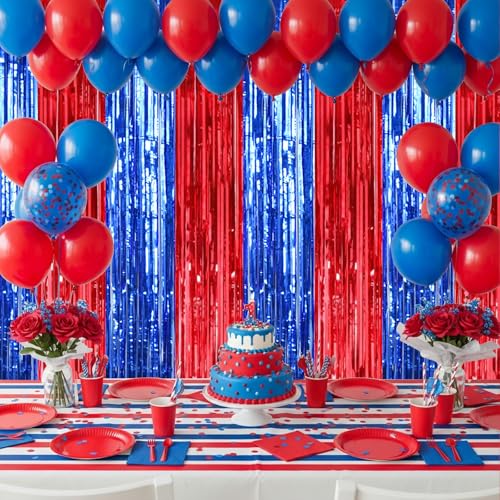 TONIFUL 2 Packs Red and Blue Carnival Foil Fringe Curtains 3.3 x 6.6 ft Metallic Tinsel Streamers Backdrop for Patriotic Celebration Baby Shower Circus Theme Birthdays Party Photo Booth Decorations - color: Red Blue