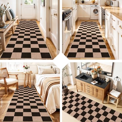 2x8 Checkered Runner Rug for Hallway: Washable Faux Jute Runners Indoor Farmhouse Style - Carpet with Non-Slip Backing - Non Slip Narrow Floor Runners for Entryway Kitchen Living Room (Black,2x8) - color: Black, size: 2' x 8' (Rectangular)