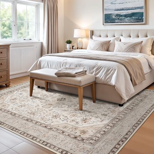 5x8 Area Rug Bedroom Washable: Oriental Rugs for Living Room - Ultra Thin Low Pile Stain Resistant Carpet - Home Decor for Vintage Style Lover 5x8 Ivory - color: Ivory, size: 5' x 8' (Rectangular)