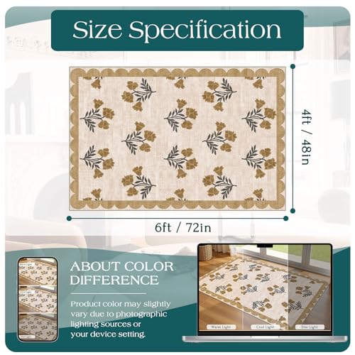 4x6 Covered Outdoor Patio Rug - Beige Washable Front Porch Entry Rug Non-Slip Door Mat Indoor Outside Entrance Floral Scalloped Area Rugs for Living Room Entryway Foyer Backyard Porch Decor - color: Flower - Beige, size: 4' x 6' (Rectangular)