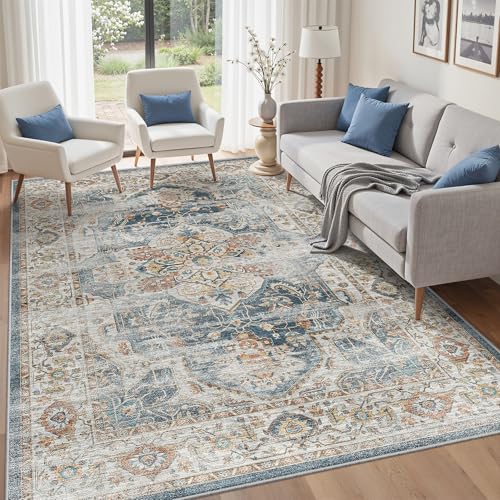 befbee 5x7 Area Rugs for Living Room,Stain Resistant Washable Rug,Non-Slip Backing Rugs for Bedroom,Kitchen,Printed Vintage Home Decor Rug (Navy, 5'x7') - color: Navy, size: 5' x 7' (Rectangular)