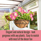 LaLaGreen Hanging Planter for Outdoor Plants (12 Inch, 2 Pack) Hanging Baskets with Coco Liner, Black Metal Wire Flower Basket Pots with Hook Hanger Balcony Porch Farmhouse Country Style Garden Decor - size: 12" x 2 Pack
